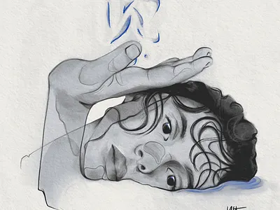 My Hand Your Face blue color digital painting emotive face expression fine linework hand and face hand magic human connection illustration introspective muted colors muted tones pencil sketch portrait procreate art semi realism stylized surreal vulnerable emotion