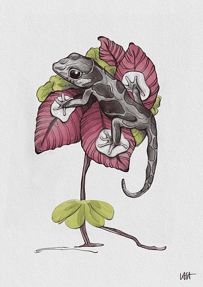 The Lizard's Waltz lizard art nature painting procreate art reptile illustration. tropical plant