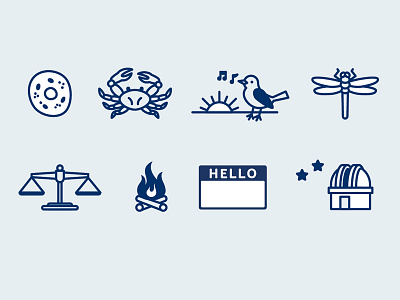 Findings Icons astronomy bird cell crab dragonfly fire hello illustration nametag scales vector