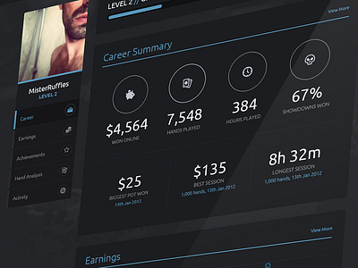 Poker Dashboard analytics app blue circles dark dashboard icons interface nav poker profile statistics stats ui ux web app web design