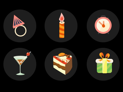 Icons for Birthday bithday box cake candle clock cocktail color cute gift icon pink ring wine