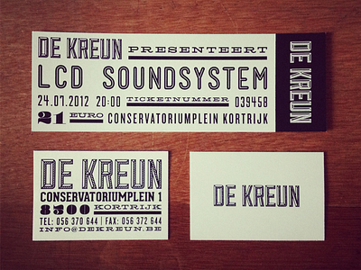 De Kreun branding business card concert lcd sound system lost type music tickets typography