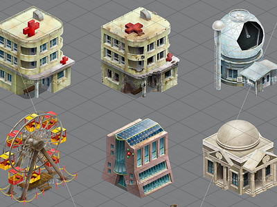 Buildings for game (izometric) 2d art bank building ferries wheel game art hospital observatory