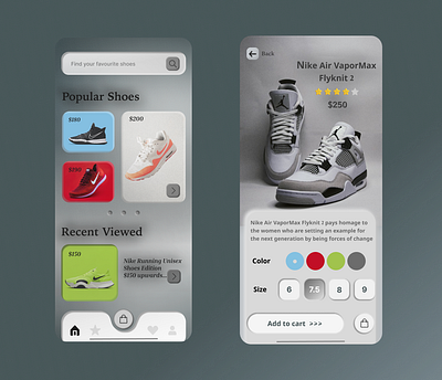 Shoe Collection Store Mobile App UI Design... branding logo neumophism ui