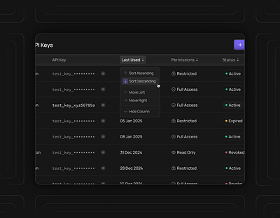 Column Customization dark mode dark theme design figma hover product product design saas saas design sorting table ui uiux ux uxui web app web app design web application web design