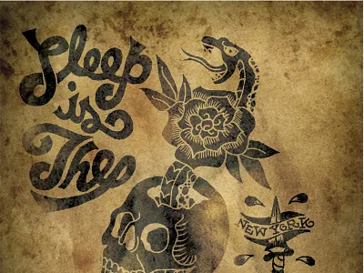 Sleep Is The Cousin of Death americana death design flash flower graphic handlettered rustic skull snake tat tattoo type typography vintage
