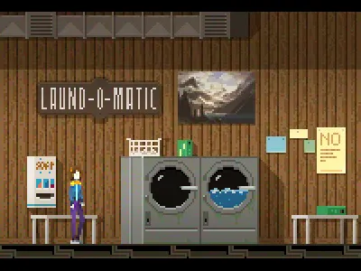 Laund-O-Matic design game mock up pixel sprites