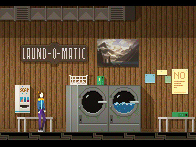Laund-O-Matic design game mock up pixel sprites