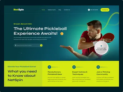 NetSpin: Pickleball Website Design branding creativedesign designdaily designinspiration dribbbleshots graphicdesign homepagedesign landingpage moderndesign pickleball pickleballgame sports sports website uiux uiuxdesign webdesign website