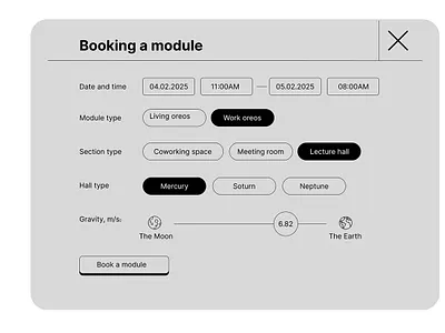 Space Module Booking app astronaut hotel interaction interface ios landing page mobile planet space module booking spaceship stars ufo ui user user experience ux web webdesign website