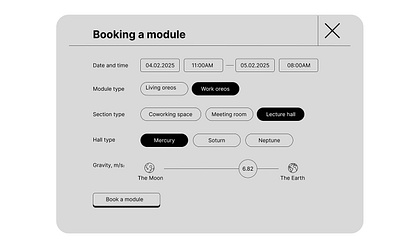 Space Module Booking app astronaut hotel interaction interface ios landing page mobile planet space module booking spaceship stars ufo ui user user experience ux web webdesign website