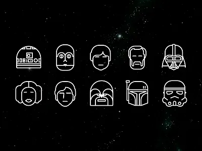 SW pictograms boba c3po chewbacca darth fett han solo kenobi leia luke r2d2 skywalker star wars stormtrooper vader