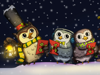 Owl carolers! animals birds caroling christmas hannah tuohy holiday illustration merry christmas music night owl owls sing snow