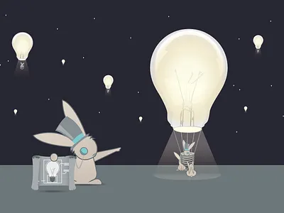 About us | graphic 2 balderdash balderdash design balderdash.co beautiful bunny horizon hot air balloon idea inspirational light bulb monocle night sky pointing rabbit take flight top hat