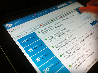 KidAdmit Calendar admissions calendar drop down filter ipad menu school