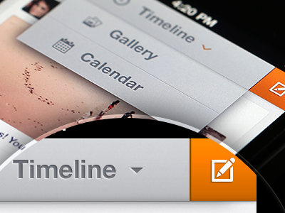 New Post button add application button child design drop down effect gallery gradient grey icon ios iphone noise orange post switch tab texture timeline ui update user interface ux white