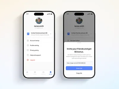 Account profile and invite app UI account profile account settings app engagement bonus rewards clean interface financial app incentive feature invite friends minimal design mobile app design mobile finance profile management profile ui referral bonus referral program reward system simple design ui design user interface ux design