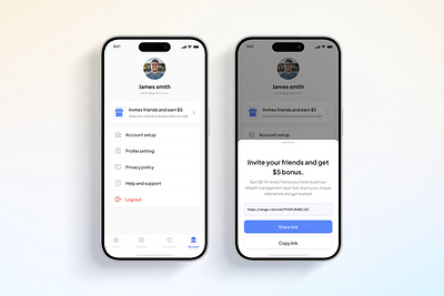 Account profile and invite app UI account profile account settings app engagement bonus rewards clean interface financial app incentive feature invite friends minimal design mobile app design mobile finance profile management profile ui referral bonus referral program reward system simple design ui design user interface ux design