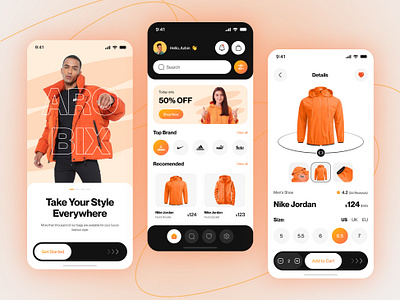 E-commerce Fashion App Design app arobix azbin clothing ecommerce fashion minimal onboarding online store orange shoping store stylish trending ui ux web web store winter zacket