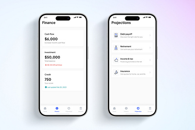 Track Finance and Projections App UI budget tracker cash flow tracker clean interface credit score debt payoff planning finance management finance planning finance tracking financial dashboard fintech design insurance quotes investment planning minimal ui design mobile finance app modern app design personal finance projections dashboard retirement projections tax calculator user friendly design