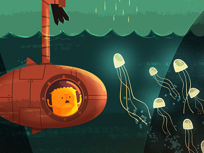 Submarine (final illustration) awe clouds dreams jellyfish mountains rain raven sea sky submarine trees