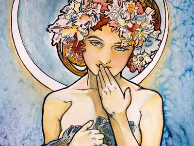 The Moon art nouveau design french watercolor