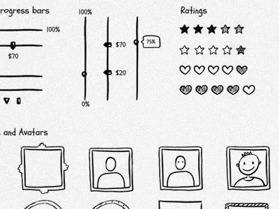 Hand-drawn UI kit 01 app badge button clean design doodle graphic river gui hand drawn hatchers ink interface kit menu pack pen ribbon search sketch slider switch ui web website