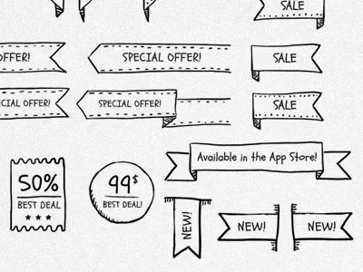 Hand-drawn UI kit 02 app badge button clean design doodle graphic river gui hand drawn hatchers ink interface kit menu pack pen ribbon search sketch slider switch ui web website