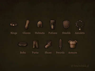 category icons for a game (small ones:) ) amulet armor belt brainchild brainchild.pl category dagger game icon game icons gloves helmet hp hp potion icon set icons magic pants potion rafal urbanski rafał urbański ring shield sword wand