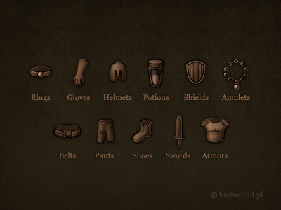 category icons for a game (small ones:) ) amulet armor belt brainchild brainchild.pl category dagger game icon game icons gloves helmet hp hp potion icon set icons magic pants potion rafal urbanski rafał urbański ring shield sword wand