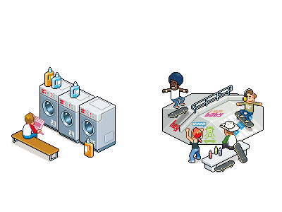 Inventions 03 people pixel pixelart skate skater wash machine