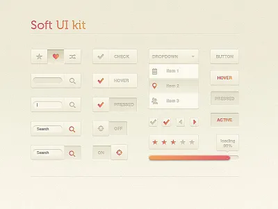 Soft Ui Kit checkbox checkbutton dropdown loading bar navigation on off prev next rating search switch tooltip ui