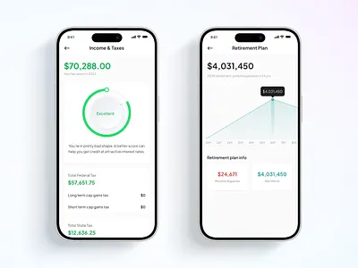 Income & Taxes and Retirement Planner App UI budgeting app data visualization finance management financial forecast financial planning app financial tools income tracker interactive graphs minimalistic design mobile app ui modern ui money management personal finance retirement goals retirement planner retirement savings tax calculator tax savings user friendly design ux design