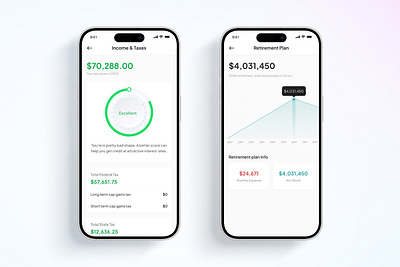 Income & Taxes and Retirement Planner App UI budgeting app data visualization finance management financial forecast financial planning app financial tools income tracker interactive graphs minimalistic design mobile app ui modern ui money management personal finance retirement goals retirement planner retirement savings tax calculator tax savings user friendly design ux design