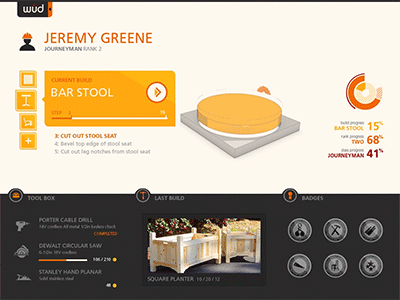 Wüd (animated tablet interface) animation app application carpentry drew hansen gamification interface ipad josh nordeen orange tablet tools wood wud