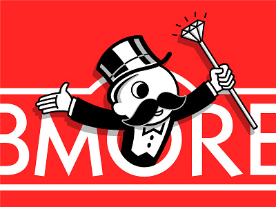 Monop-boh-ly 410 appropriation baltimore bmore carlos vigil diamonds fantasy camp logo monopoly moustache mr. boh national bohemian natty boh pop art red srd super rad super rad design the land of pleasant living top hat tuxedo vector