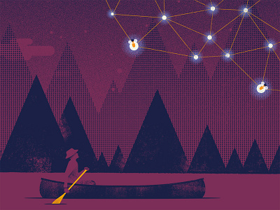 Canoe Dude camp canoe firefly illustration mountains night paddle sky stars trees