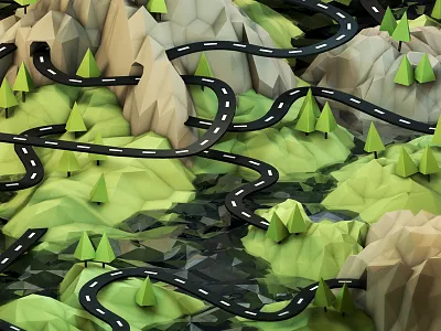 Roadways 3d ao c4d cinema 4d grass hills island iso isometric land landscape low poly lowpoly map model mountains ocean peninsula render road roadway water