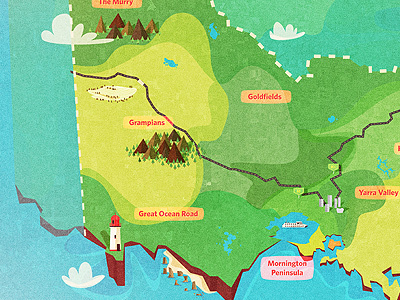 Mappin' clouds illustration landmarks lighthouse mountains roads victoria