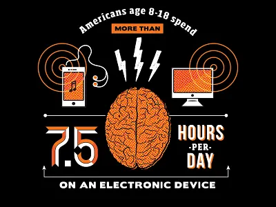 Utmg Infographic DETAIL 1 Black Version brain computer electronics graphic illustration halftone icons illustration infographic internet ipod lightning bolts music radio radio waves retro vector