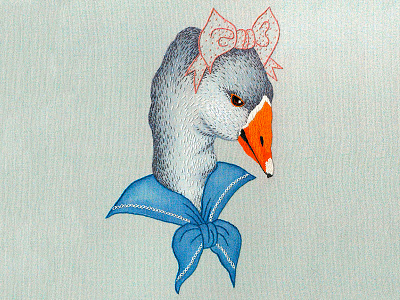 Girl Goose bird character children embroidery fabric illustration stitch textile thread