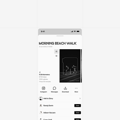 Share activity screen, essentials only clean fitness minimalist mobile app design monochrome ui