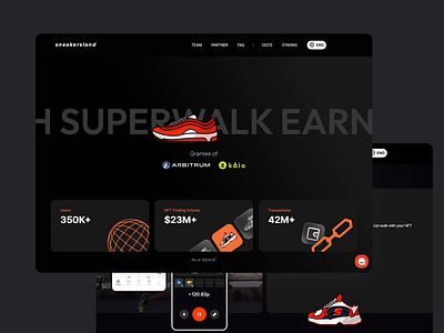 UX/UI Concept for Walk-to-Earn NFT Platform animated icons bold contrasts crypto and fitness dark mode interface dashboard ui data centric visuals dynamic visuals fitness meets blockchain futuristic web app interactive design minimalistic layout modern typography motion graphics nft integration sneakers theme sporty aesthetic user centered design uxui design walk to earn platform web design trends