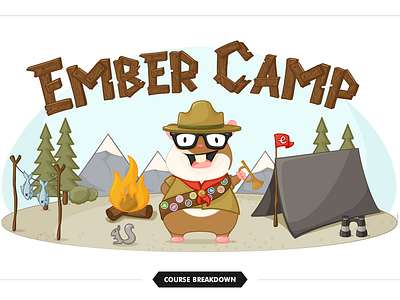 Ember Camp Final bugle character design ember fish flag hamster illustration mascot mountain scout squirrel tent tree trumpet vector