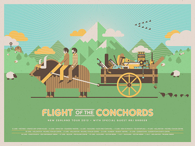 Flight of the Conchords (New Zealand Tour) clouds dan kuhlken dkng field flight of the conchords fotc grass kiwi mountains nathan goldman poster screeprint sheep silkscreen vector wagon yak