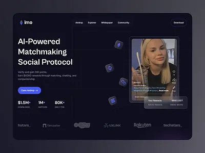AI Matchmaking Social Platform ai matching ai powered blockchain crypto integration digital identity dynamic ui interactive design interactive profiles interactive ux matchmaking modern interface motion design motion graphics responsive layout social platform social protocol user engagement ux uxui web3 design