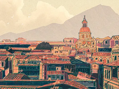 Catania abstract catania city cityscape digital painting etna europe european illustration italy landscape mountain palermo retro sicily stylized tiled urban vintage volcano