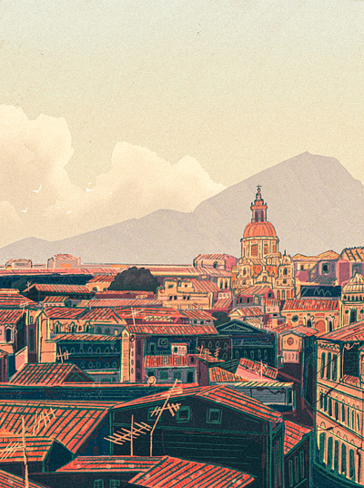 Catania abstract catania city cityscape digital painting etna europe european illustration italy landscape mountain palermo retro sicily stylized tiled urban vintage volcano