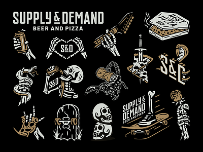 Supply & Demand Beer and Pizza alcohol badge beer branding brewery design guitar identity illustration label design logo packaging pizza rebrand rock and roll skateboard skeleton skulls snake stickers