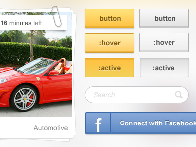 UI Kit for a Project active button buttons clean connect with facebook facebook frame fun gallery grey hover item login minimal orange paper paper clip photo photo frame search search bar simple ui user interface